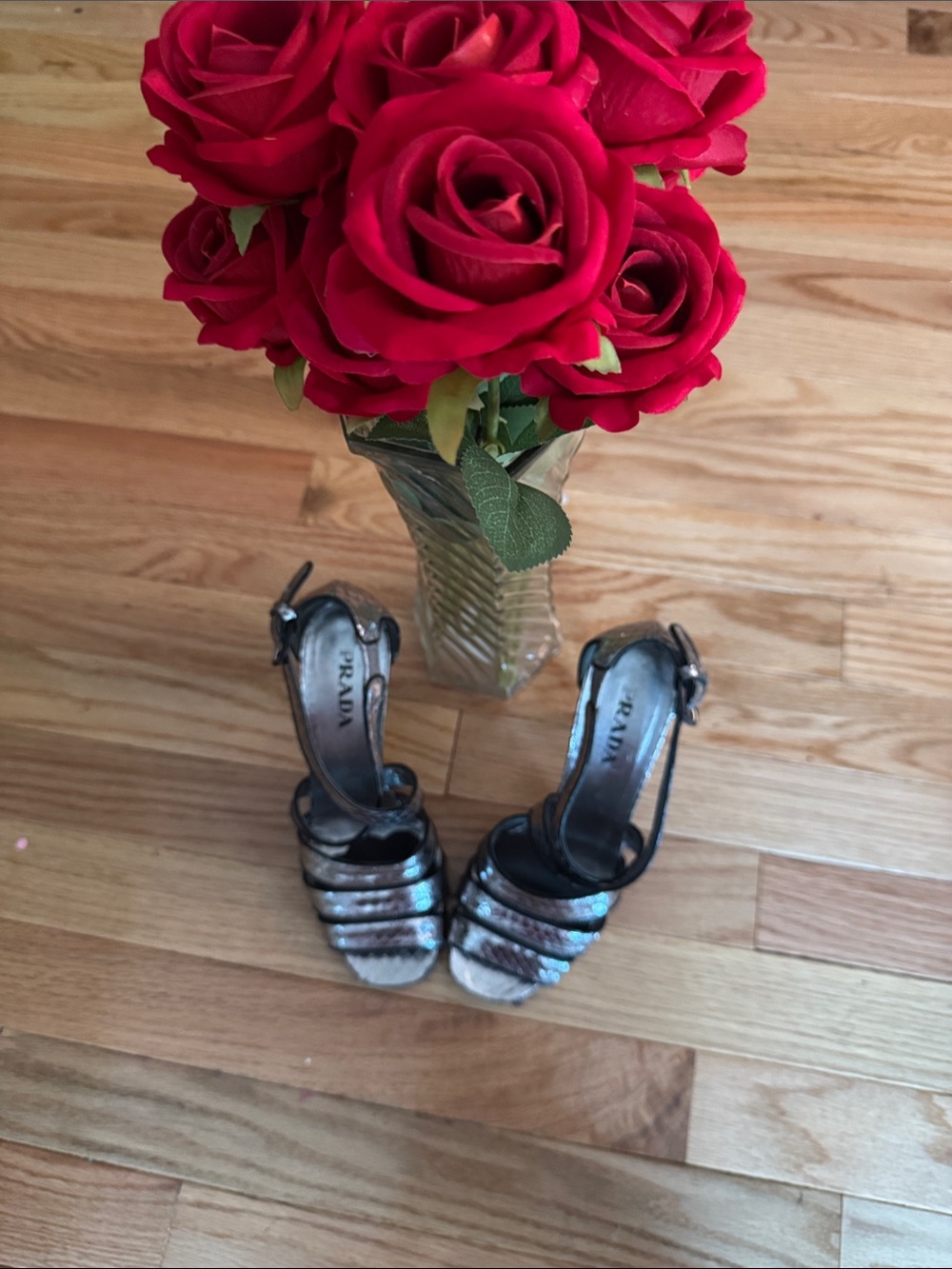 Prada Iridescent Metallic Strappy Heels in Silver and Black Made in Italy